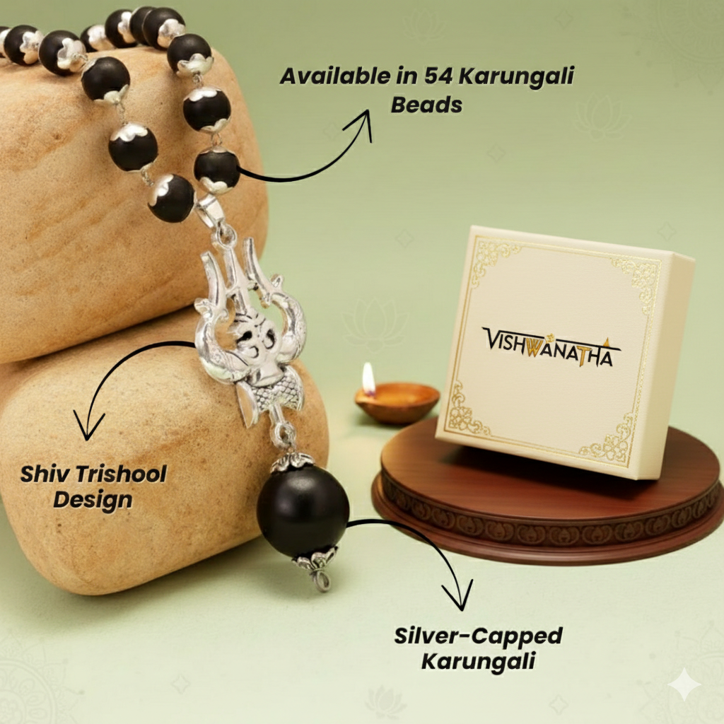 OM Shiva Banarasi Trishool Karungali Mala – Divine Protection Beads