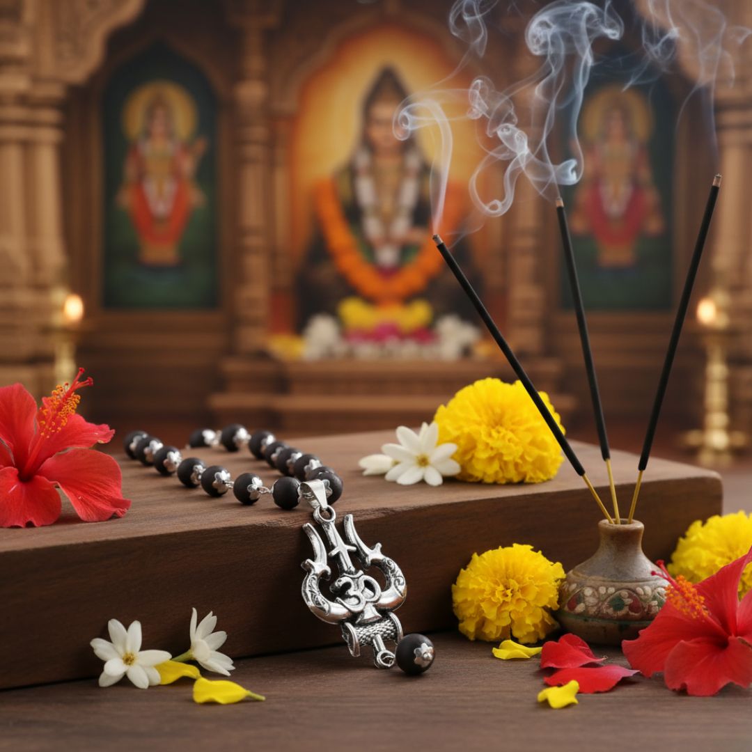 OM Shiva Banarasi Trishool Karungali Mala – Divine Protection Beads