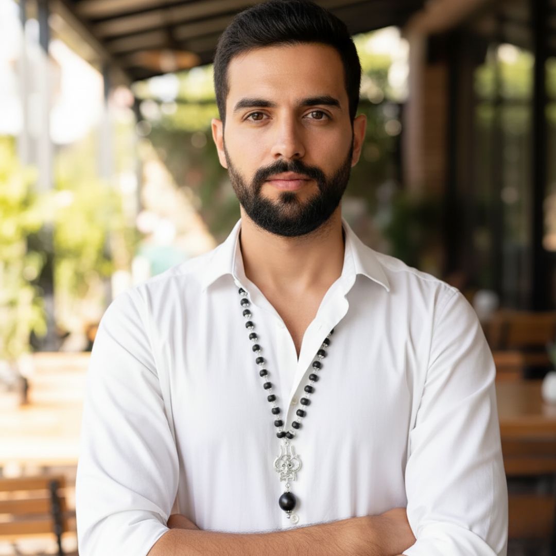 OM Shiva Banarasi Trishool Karungali Mala – Divine Protection Beads